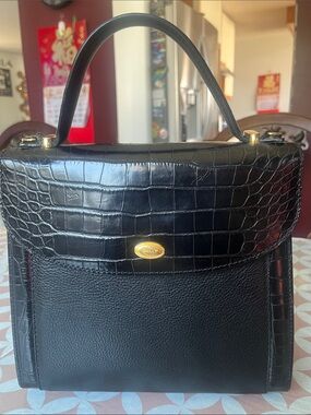 Bally Black Croc-Embossed Top Handle Leather Bag with Gold Accent